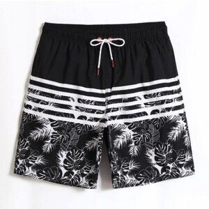 Black Vacation Style Men's Tropical Striped Print Swim Trunks